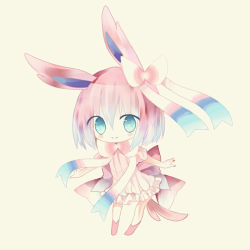 Rule 34 | 1girl, animal ears, bare arms, blue eyes, blue hair, blush, boots, bow, bowtie, cat ears, chibi, closed mouth, creatures (company), dress, flat chest, frilled dress, frills, full body, game freak, gen 6 pokemon, gradient hair, hair between eyes, hair bow, leaning forward, looking at viewer, multicolored hair, nintendo, no eyebrows, no nose, personification, pink bow, pink dress, pink footwear, pire (pyrethrin), pokemon, pokemon xy, puffy short sleeves, puffy sleeves, ribbed dress, short dress, short hair, short sleeves, simple background, smile, solo, standing, sylveon, tareme, yellow background