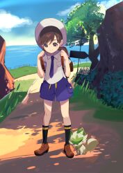 Rule 34 | 1boy, backpack, bag, black socks, blush, breast pocket, brown bag, brown eyes, brown footwear, brown hair, closed mouth, cloud, collared shirt, commentary request, creatures (company), day, fence, florian (pokemon), game freak, grass, hands up, hat, highres, holding strap, knees, male focus, mochitsuki kagami, necktie, nintendo, outdoors, path, pocket, pokemon, pokemon (creature), pokemon sv, purple necktie, purple shorts, road, shirt, shoes, short hair, shorts, sky, smile, socks, sprigatito, standing, water, white headwear