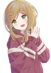 Rule 34 | 1girl, blonde hair, eyes visible through hair, file112056, green eyes, hairband, highres, hood, hoodie, inuyama aoi, jacket, light, light blush, long hair, looking at viewer, own hands together, red hoodie, simple background, smile, solo, striped, white background, yurucamp