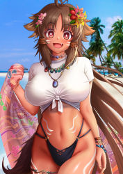 Rule 34 | 1girl, animal ears, antenna hair, b-pang, beach, blouse, blush, breasts, brown eyes, brown hair, dark-skinned female, dark skin, day, facial mark, female focus, flower, hair flower, hair ornament, highres, jewelry, kaori (princess connect!), large breasts, long hair, looking at viewer, navel, necklace, open mouth, outdoors, photo background, princess connect!, shirt, smile, solo, tail, tan, very long hair, white shirt