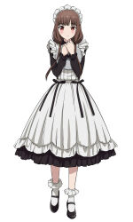 Rule 34 | 1girl, absurdres, alternate costume, ankle socks, apron, bare legs, black bow, black dress, black footwear, blunt bangs, blush, bobby socks, bow, brown eyes, brown hair, clutching chest, dress, frilled dress, frilled sleeves, frills, full body, highres, holding, holding tray, iino miko, kaguya-sama wa kokurasetai ~tensai-tachi no renai zunousen~, looking at viewer, low twintails, maid, maid apron, maid headdress, metaminegl, ribbon, socks, solo, spanish commentary, tray, twintails, white background, white socks