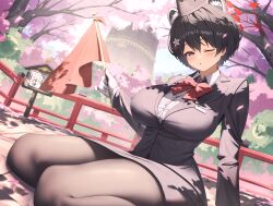 Rule 34 | 1girl, ;o, absurdres, animal ears, black hair, black hat, black jacket, black pantyhose, black skirt, blue archive, blue sky, blush, bow, bowtie, breasts, cherry blossoms, collared shirt, commentary, day, eiryu33, extra ears, falling petals, flag, garrison cap, gloves, hair between eyes, halo, hat, highres, holding, holding flag, jacket, large breasts, long sleeves, looking at viewer, name tag, official alternate costume, one eye closed, outdoors, pantyhose, petals, purple eyes, raccoon ears, raccoon girl, railing, red bow, red bowtie, red flag, red halo, shadow, shirt, short hair, sidelocks, sign, sitting, skirt, sky, solo, tour guide, tree, tsubaki (blue archive), tsubaki (guide) (blue archive), wariza, white gloves, white shirt