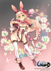 Rule 34 | 1girl, animal ears, armlet, blonde hair, boots, bow, breasts, capelet, cleavage, cleavage cutout, clothing cutout, dress, feiwing, flower, hair bow, hair flower, hair ornament, hair ribbon, hairband, hands on own hips, long hair, looking at viewer, open mouth, panties, rabbit ears, rabbit tail, ribbon, side-tie panties, side slit, solo, staff, string panties, tail, thighhighs, underwear, unleashed, very long hair, white thighhighs, wrist cuffs