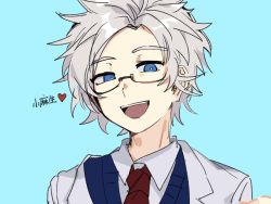 Rule 34 | 1boy, :d, blue eyes, blue sweater vest, chinese commentary, coat, collared shirt, glasses, grey hair, highres, kanou aogu, lab coat, blue background, male focus, necktie, open clothes, open coat, open mouth, red necktie, rostina-pason, saibou shinkyoku, shirt, short hair, smile, solo, sweater vest, teeth, upper body, upper teeth only, white shirt