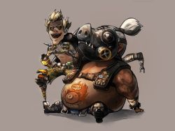 Rule 34 | 2boys, bad id, bad twitter id, boots, eyebrows, fat, fat man, gas mask, junkrat (overwatch), male focus, mask, mechanical arms, multiple boys, navel, open mouth, overwatch, overwatch 1, pig tattoo, ponytail, roadhog (overwatch), single mechanical arm, sitting, spikes, stomach tattoo, tattoo, thick eyebrows, tire, topless male