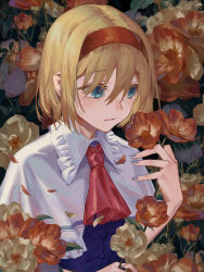 Rule 34 | 1girl, absurdres, alice margatroid, aqua eyes, ascot, blonde hair, blue dress, blush, capelet, commentary, dress, fingernails, flower, frilled shirt collar, frills, grey nails, hairband, hand up, highres, holding, holding flower, kaikaikai, leaf, looking at object, nail polish, parted lips, petals, red ascot, red flower, red hairband, short hair, solo, tearing up, tears, touhou, upper body, white capelet, yellow flower