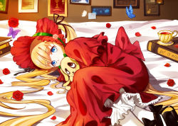 Rule 34 | 1girl, bed, blonde hair, blue eyes, bonnet, book, bug, butterfly, cup, dog, drawing (object), dress, fetal position, flower, hair ribbon, hug, hugging doll, hugging object, insect, kunkun, long hair, looking at viewer, lying, on bed, pale skin, petals, red dress, ribbon, rose, rose petals, rozen maiden, samizuban, shinku, solo, stuffed animal, stuffed toy, tea, teacup, twintails, very long hair