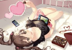 Rule 34 | 1girl, bare legs, bed sheet, black shirt, blush, bow, brown eyes, brown hair, cellphone, chocolate, collarbone, dutch angle, food, frilled shirt, frills, hair bow, hair ornament, heart, heart hair ornament, highres, holding, holding chocolate, holding food, indoors, long hair, looking at viewer, lying, nintendo switch, on back, on bed, original, phone, fake phone screenshot, pillow, pink shorts, red ribbon, ribbon, shirt, shorts, smartphone, smile, solo, sunlight, toujou mina, twintails