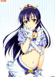 Rule 34 | 10s, 1girl, absurdres, belt, blue hair, brown eyes, collarbone, diadem, gloves, highres, inou shin, jewelry, long hair, looking at viewer, love live!, love live! school idol festival, love live! school idol project, midriff, navel, necklace, scan, skirt, smile, solo, sonoda umi, white gloves, white skirt