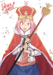 Rule 34 | 10s, 1girl, blue skirt, cape, copyright name, crown, hair ornament, hairclip, holding, holding staff, koharu yoshino, looking at viewer, open mouth, pink eyes, pink hair, red cape, red eyes, sakura quest, scepter, sen-jou, short hair, skirt, solo, staff, standing