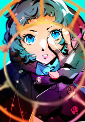 Rule 34 | 1girl, absurdres, aqua hair, aqua sweater, arm up, black jacket, blue eyes, blurry, blurry foreground, buttons, from above, highres, jacket, looking at viewer, mina (mina st4r), outstretched hand, parted lips, persona, persona 3, persona 3 reload, pink lips, short hair, solo, sweater, turtleneck, turtleneck sweater, upper body, yamagishi fuuka