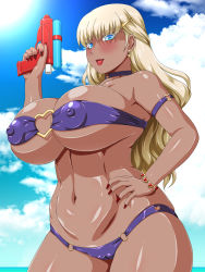 Rule 34 | 1girl, armpits, bikini, bikini bottom only, blonde hair, blue eyes, blush, breasts, cameltoe, choker, cloud, covered erect nipples, cowboy shot, curvy, day, earrings, female focus, groin, hand on own hip, hand up, highres, holding, huge breasts, impossible clothes, jewelry, legs, light blush, long hair, looking at viewer, mole, mole under mouth, nail polish, navel, o-ring, o-ring bikini, ocean, open mouth, original, outdoors, red nails, sky, smile, solo, standing, strapless, strapless bikini, sun, swimsuit, tan, thighs, water, water beryl, water gun