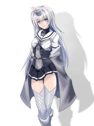 Rule 34 | 1girl, absurdres, black skirt, clothes writing, corset, cowboy shot, fuyutsuki (kancolle), grey eyes, grey neckerchief, grey thighhighs, headband, headgear, highres, kantai collection, looking at viewer, neckerchief, one side up, pattsi, puffy short sleeves, puffy sleeves, sailor collar, school uniform, serafuku, short sleeves, silver hair, simple background, skirt, smile, solo, standing, thighhighs, white background, white headband, white sailor collar