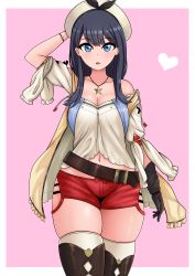 Rule 34 | 1girl, :d, absurdres, arm up, atelier (series), atelier ryza, atelier ryza 1, belt, belt buckle, beret, black hair, black ribbon, blue eyes, breasts, brown belt, brown gloves, brown thighhighs, buckle, cleavage, collarbone, commentary, cosplay, gloves, gridman universe, hair between eyes, hand up, hat, heart, highres, hood, hood down, hooded jacket, jacket, jewelry, long hair, looking at viewer, medium breasts, navel, necklace, open clothes, open jacket, open mouth, red shorts, reisalin stout, reisalin stout (cosplay), ribbon, shirt, short shorts, short sleeves, shorts, simple background, single glove, skindentation, sleeveless, sleeveless jacket, smile, solo, ssss.gridman, star (symbol), star necklace, takarada rikka, the only shoe, thick thighs, thighhighs, thighs, trait connection, white hat, white shirt, yellow jacket