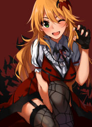 Rule 34 | 1girl, ;d, ahoge, black gloves, black thighhighs, blonde hair, blush, breasts, claw pose, fang, fingerless gloves, garter straps, gloves, green eyes, hair ornament, hoshii miki, idolmaster, idolmaster (classic), kurokin, long hair, looking at viewer, my dear vampire, one eye closed, open mouth, smile, solo, thighhighs