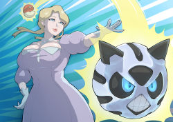 Rule 34 | blonde hair, blue background, blue eyes, breasts, cleavage, creatures (company), dress, game freak, gen 3 pokemon, glacia (pokemon), glalie, gloves, hand on own hip, juliet sleeves, large breasts, long sleeves, nintendo, outstretched arm, outstretched hand, pink lips, poke ball, poke ball (basic), pokemon, pokemon oras, puffy sleeves, pursed lips, shirt, skindentation, tansan0722, tight clothes, tight dress, tight shirt