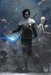 Rule 34 | 1girl, black hair, bone, bracelet, cape, cloak, cover, cover page, facepaint, full body, harrow the ninth, harrowhark nonagesimus, highres, jewelry, looking at viewer, necromancer, novel cover, official art, short hair, skeleton, solo, the locked tomb, tommy arnold, weapon, weapon on back, white cape, white cloak