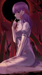 Rule 34 | 1girl, absurdres, bare arms, bare legs, barefoot, blood, dark, dress, fate/stay night, fate (series), headband, highres, kyo (maae00), long hair, looking at viewer, matou sakura, official alternate costume, purple eyes, purple hair, red headband, sitting, solo, white dress