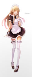 Rule 34 | 1girl, apron, bad id, bad pixiv id, blonde hair, finger to mouth, high heels, highres, legs, long hair, looking at viewer, maid, maid apron, maid headdress, mary janes, original, shoes, smile, solo, thighhighs, wallacexi, white thighhighs, wrist cuffs, zettai ryouiki