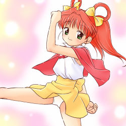 Rule 34 | 1990s (style), 1girl, blush, bow, cape, clenched hand, clenched hands, green eyes, hair bow, hair intakes, hair rings, haruyama kazunori, idol tenshi youkoso youko, kicking, long hair, lowres, panties, pantyshot, ponytail, red hair, skirt, smile, solo, sparkle, tanaka youko, twintails, underwear, white panties