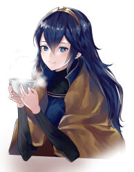 Rule 34 | 1girl, ameno (a meno0), black sweater, blanket, blue eyes, blue hair, blush, closed mouth, cup, fire emblem, fire emblem awakening, hair between eyes, holding, holding cup, long hair, long sleeves, looking at viewer, lucina (fire emblem), nintendo, ribbed sweater, simple background, smile, solo, steam, sweater, teacup, tiara, turtleneck, turtleneck sweater, white background
