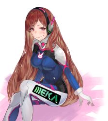 Rule 34 | 1girl, animal print, bodysuit, breasts, brown hair, clothes writing, d.va (overwatch), facial mark, gloves, highres, invisible chair, long hair, looking at viewer, medium breasts, overwatch, overwatch 1, rabbit print, red eyes, simple background, sitting, smile, solo, tagme, talnory, very long hair, whisker markings, white gloves