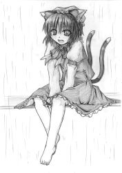 Rule 34 | 1girl, animal ears, barefoot, cat ears, cat girl, cat tail, chen, earrings, etogami kazuya, fang, feet, female focus, full body, greyscale, hat, jewelry, monochrome, multiple tails, short hair, sketch, skirt, solo, tail, touhou, traditional media, white background