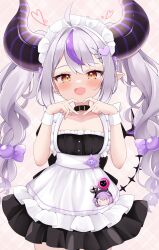 Rule 34 | 1girl, ahoge, alternate costume, apron, black dress, blush, braid, cocozasa, commentary request, demon girl, demon horns, dress, enmaided, fang, frilled apron, frills, grey hair, hair ornament, hands up, heart, heart hair ornament, heart hands, highres, hololive, horns, la+ darknesss, long hair, looking at viewer, maid, maid apron, maid headdress, multicolored hair, open mouth, pointy ears, purple hair, purple nails, sidelocks, skin fang, smile, solo, streaked hair, striped horns, tokoyami towa, twintails, virtual youtuber, white wrist cuffs, wrist cuffs, yellow eyes