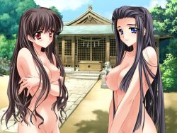 Rule 34 | 2girls, bangs pinned back, black hair, blue eyes, blush, box, breasts, brown hair, carnelian, cowboy shot, day, donation box, fingernails, from side, frown, game cg, hair between eyes, hair over breasts, hair over one breast, jouheikun no hanikami life, komainu, large breasts, long fingernails, long hair, multiple girls, nipples, nude, out-of-frame censoring, outdoors, red eyes, rope, shide, shimenawa, shrine, sliding doors, standing, temple, v-shaped eyebrows, very long hair, wavy hair