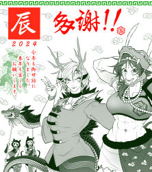 2024 4girls abs animal_ears antlers bead_necklace beads blush bracelet breasts china_dress chinese_clothes chinese_zodiac commentary_request cowboy_shot crop_top dragon dress earrings green_theme grin highres horns jewelry kicchou_yachie large_breasts lizard_tail looking_at_viewer masked meandros medium_hair multiple_girls navel necklace one_eye_closed open_mouth otter_ears otter_girl otter_spirit_(touhou) otter_tail pointy_ears ring ryuuichi_(f_dragon) shirt short_hair skirt smile son_biten tail touhou translation_request turtle_shell v wings xiangyun year_of_the_dragon