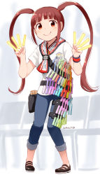Rule 34 | 1girl, bandolier, blunt bangs, blush, brown eyes, brown hair, chair, dated, denim, eyebrows hidden by hair, folding chair, full body, glowstick, highres, holding, holding glowstick, holster, idolmaster, idolmaster million live!, jeans, knees together feet apart, long hair, looking at viewer, matsuda arisa, nagian, pants, pants rolled up, penlight (glowstick), shirt, short sleeves, sidelocks, smile, solo, towel, towel around neck, twintails, ultra orange, white shirt, wristband