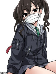 Rule 34 | 1girl, artist name, black hair, black hoodie, bow, breasts, brown eyes, green necktie, grey skirt, hair between eyes, hair bow, hood, hood down, hoodie, idolmaster, idolmaster cinderella girls, idolmaster cinderella girls starlight stage, long hair, long sleeves, looking at viewer, mask, medium breasts, mole, mole under eye, mouth mask, necktie, pleated skirt, ruo (cruzada), shirt, signature, simple background, sitting, skirt, solo, striped necktie, sunazuka akira, surgical mask, twintails, white background, white shirt