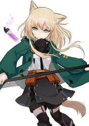 Rule 34 | 1girl, animal ears, arknights, black footwear, black legwear, black shorts, black skirt, blonde hair, blue eyes, boots, dog ears, dog girl, dog tail, feet out of frame, garter straps, green jacket, highres, holding, holding staff, jacket, long hair, long sleeves, mask, mask around neck, podenco (arknights), shaded face, shirt, shorts, sidelocks, simple background, skirt, solo, staff, tail, v-shaped eyebrows, vial, white background, white shirt, zrz zzz