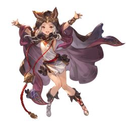 Rule 34 | 1girl, :d, animal ears, arm guards, arms up, bridal gauntlets, cape, cloak, cross-laced footwear, dragon, ears through headwear, erune, eyebrows, full body, granblue fantasy, hood, hooded cloak, long hair, looking at viewer, official art, open mouth, pelvic curtain, red eyes, scathacha (granblue fantasy), skirt, sleeveless, smile, solo, teeth, thighs, tongue, transparent background, white hair