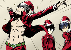 Rule 34 | 10s, 3boys, amamiya ren, black hair, blue hair, christmas, club3, fabulous, glasses, grey hair, hair over one eye, hat, male focus, multiple boys, narukami yuu, open clothes, open shirt, outstretched arms, persona, persona 3, persona 4, persona 5, ribbed sweater, santa hat, shirt, short hair, sketch, smile, sparkle, spread arms, sweater, turtleneck, yuuki makoto (persona 3)