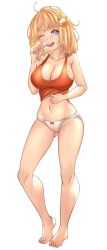 Rule 34 | 1girl, absurdres, alternate costume, barefoot, blonde hair, blue eyes, breasts, brushing teeth, cleavage, gluteal fold, hair ornament, highres, hololive, hololive english, honkivampy, large breasts, looking at viewer, medium hair, navel, one eye closed, open mouth, orange tank top, panties, simple background, smile, solo, tank top, toothbrush, underwear, underwear only, virtual youtuber, watson amelia, white panties