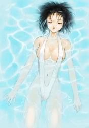 Rule 34 | 1girl, afloat, black hair, breasts, caustics, closed eyes, hair spread out, large breasts, lying, navel, on back, one-piece swimsuit, original, parted lips, pool, rasukaru, short hair, slingshot swimsuit, solo, swimsuit, water, white one-piece swimsuit