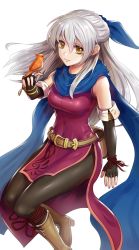 Rule 34 | 1girl, anniversary, bangle, belt, bird, bird on hand, black gloves, black pantyhose, blue scarf, boots, bracelet, breasts, covered navel, dress, elbow gloves, fingerless gloves, fire emblem, fire emblem: radiant dawn, gloves, gonzarez, hair ribbon, half updo, highres, jewelry, long hair, looking at viewer, medium breasts, micaiah (fire emblem), nintendo, pantyhose, ribbon, scarf, short dress, side slit, silver hair, simple background, sleeveless, sleeveless dress, smile, solo, white background, yellow eyes, yune (fire emblem)