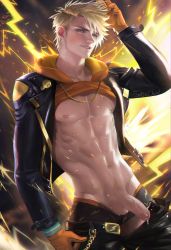 Rule 34 | 1boy, abs, blonde hair, blue eyes, briefs, clothes lift, creatures (company), earrings, game freak, gloves, highres, jacket, jewelry, looking at viewer, male focus, male underwear, necklace, nintendo, pectorals, penis, pokemon, pokemon go, precum, sakimichan, shirt lift, solo, spark (pokemon), underwear