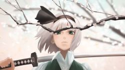 Rule 34 | 1girl, amino (tn7135), bad id, bad pixiv id, blue sky, blurry, blurry background, cherry blossoms, collared shirt, day, expressionless, green eyes, green vest, hairband, katana, konpaku youmu, lips, looking at viewer, looking down, over shoulder, petals, shirt, short hair, silver hair, sky, solo, sword, sword over shoulder, touhou, upper body, vest, weapon, weapon over shoulder, white shirt, wind