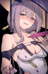 Rule 34 | 1girl, alcohol, bare shoulders, black background, blush, breasts, cleavage, collarbone, cup, goddess of victory: nikke, grey hair, haoni, hat, highres, holding, holding cup, jingasa, long hair, looking at viewer, medium breasts, one-piece swimsuit, open mouth, pouring, pouring onto self, sakazuki, sake, scarlet (nikke), simple background, solo, swimsuit, white one-piece swimsuit, yellow eyes