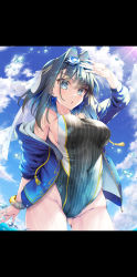 Rule 34 | 1girl, adapted costume, bare shoulders, blue eyes, blue hair, bow, bow earrings, breasts, covered navel, cowboy shot, earrings, eyewear on head, glasses, gluteal fold, hair intakes, headband, highres, hololive, hololive english, jacket, jewelry, kubota masaki, large breasts, letterboxed, looking at viewer, one-piece swimsuit, open clothes, open jacket, open mouth, ouro kronii, ribbon earrings, short hair, sideboob, solo, sunglasses, swimsuit, veil, virtual youtuber