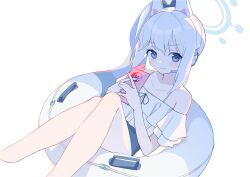 Rule 34 | 1girl, animal ears, blue archive, blue halo, blue one-piece swimsuit, blush, cellphone, closed mouth, collarbone, cropped legs, earpiece, fake animal ears, frilled one-piece swimsuit, frills, grey hair, hair between eyes, halo, highres, holding, holding phone, innertube, kii (kiiui), long hair, looking at viewer, miyako (blue archive), miyako (swimsuit) (blue archive), off-shoulder one-piece swimsuit, off shoulder, official alternate costume, one-piece swimsuit, phone, ponytail, purple eyes, rabbit ears, simple background, smartphone, solo, swim ring, swimsuit, white background