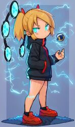 Rule 34 | 1girl, bachera, black jacket, black socks, blonde hair, blue eyes, blush stickers, closed mouth, creatures (company), electricity, game freak, glowing, glowing eyes, hair ribbon, hand in pocket, hood, hood down, hooded jacket, jacket, loafers, long sleeves, looking at viewer, looking to the side, nintendo, original, pakky (bachera), poke ball, pokemon, puffy long sleeves, puffy sleeves, red footwear, red ribbon, ribbon, shoes, socks, solo, standing, twintails, ultra ball