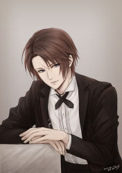 Rule 34 | 1boy, alternate costume, black jacket, black pants, black suit, blue eyes, brown hair, collared shirt, dated, elbow on table, elbow rest, final fantasy, final fantasy viii, formal, grey background, hiryuu (kana h), jacket, leaning forward, light smile, looking to the side, male focus, neck ribbon, open clothes, open jacket, own hands together, pants, ribbon, scar, scar on face, shirt, short hair, signature, simple background, sitting, solo, squall leonhart, suit, suit jacket, suspenders, upper body, white shirt