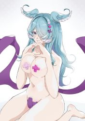 Rule 34 | 1girl, absurdres, blue eyes, blue hair, breasts squeezed together, breasts, elira pendora, hair over one eye, head wings, heart, heart hands, highres, large breasts, long hair, low wings, maebari, mole, mole on breast, nelly (altsarespicy), nijisanji, nijisanji en, nude, pasties, sitting, solo, tape, tape on nipples, tape on pussy, virtual youtuber, wariza, wings