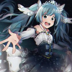Rule 34 | 1girl, amulet, bad id, bad pixiv id, bare shoulders, beamed eighth notes, black background, blue eyes, blue hair, bow skirt, commentary, cowboy shot, detached sleeves, dress, eighth note, fortissimo, frilled dress, frilled skirt, frilled sleeves, frills, hair ornament, hatsune miku, highres, holding, holding clothes, holding skirt, long hair, looking at viewer, musical note, musical note hair ornament, open mouth, outstretched arm, princess, puffy detached sleeves, puffy sleeves, reaching, reaching towards viewer, skirt, smile, snowflakes, solo, staff (music), tasi y, tiara, twintails, very long hair, vocaloid, yuki miku, yuki miku (2019)