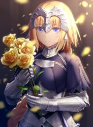 Rule 34 | 1girl, armor, armored dress, bad id, bad pixiv id, blonde hair, blue eyes, braid, breasts, commentary request, fate/apocrypha, fate (series), flower, gauntlets, goribote, hair ornament, headpiece, holding, holding flower, jeanne d&#039;arc (fate), jeanne d&#039;arc (ruler) (fate), large breasts, long braid, long hair, looking at viewer, single braid, smile, solo, upper body, yellow flower
