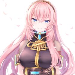 Rule 34 | 1girl, armband, black shirt, blouse, blue eyes, breasts, brooch, cherry blossoms, commentary, crossed arms, falling petals, gold trim, headset, highres, jewelry, kkr rkgk, large breasts, long hair, looking at viewer, megurine luka, number tattoo, petals, pink hair, see-through, see-through sleeves, shirt, short sleeves, shoulder tattoo, smile, solo, tattoo, upper body, very long hair, vocaloid, white background
