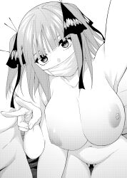 Rule 34 | 1boy, 1girl, absurdres, armpits, breasts, butterfly hair ornament, cleavage, collarbone, completely nude, gluteal fold, go-toubun no hanayome, greyscale, hair ornament, hair ribbon, highres, huge breasts, kosmos beta, looking at viewer, mask, medium hair, monochrome, mouth mask, nakano nino, navel, nipples, no pussy, nude, ribbon, selfie, stomach, thighs, twintails, two side up, v, wide hips